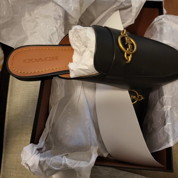 COACH Scotty Leather Slides / Mules in Black with Gold Coach Emblem - Picture 2 of 4